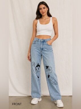 Y2K SOLO Light Blue Wide-Leg Jeans with Black Astro‎ Boy embroidered made in USA